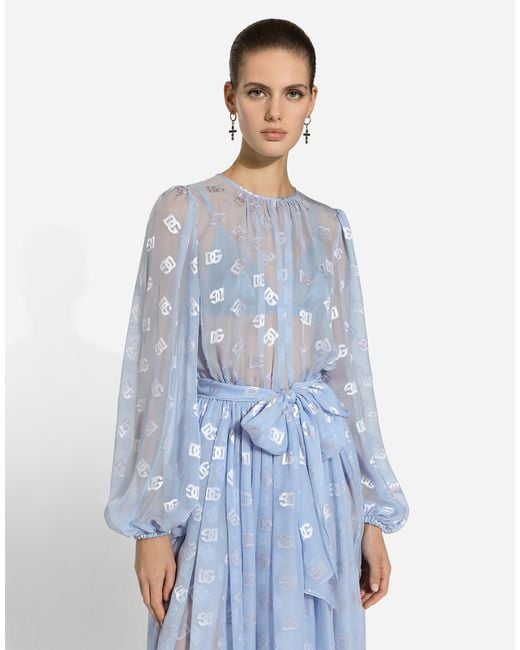 Dolce & Gabbana Blue Longuette-Kleid Aus Ausbrenner-Seidenjacquard Dg-Logo