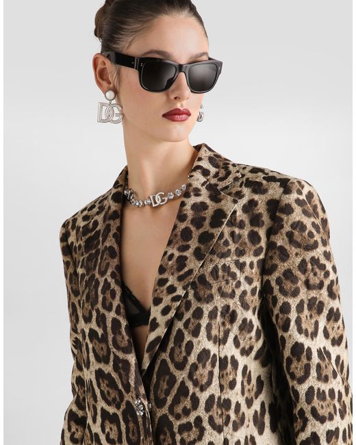 Dolce & Gabbana Natural Leo- Brocade Single-Breasted Coat With Jewel Buttons