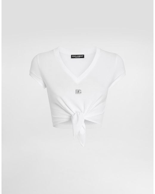 Dolce & Gabbana White Jersey T-Shirt With Dg Logo And Knot Detail