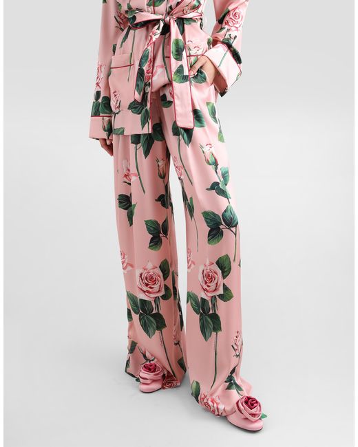 Pantalones Estilo Pijama De Seda Con Estampado De Rosas Dolce & Gabbana de color Pink