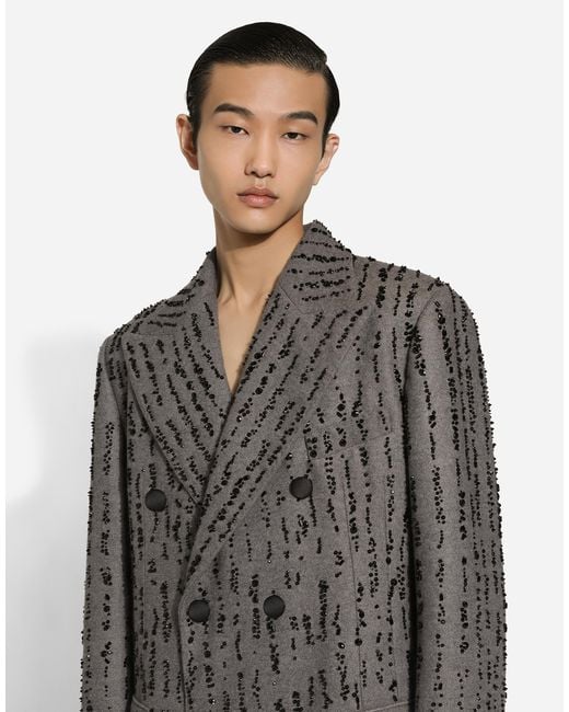 Dolce & Gabbana Gray Embroidered Pinstripe Baize Coat for men