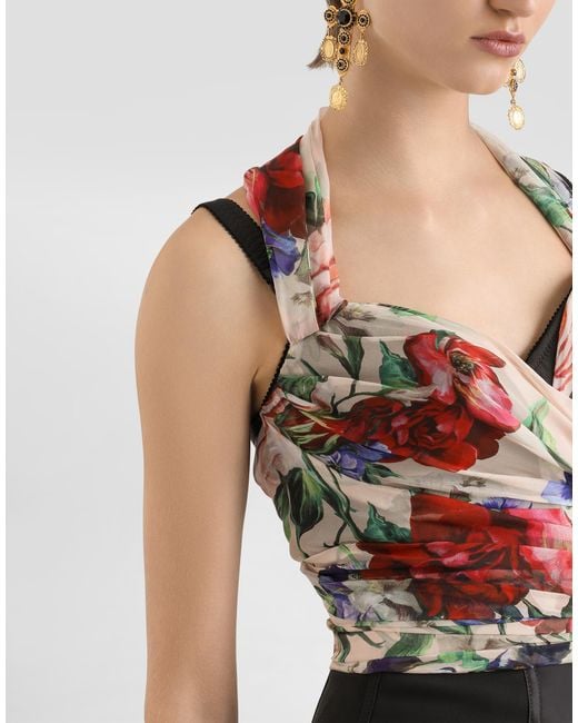 Dolce & Gabbana Red Marquisette And Chiffon Corset Top With Floral