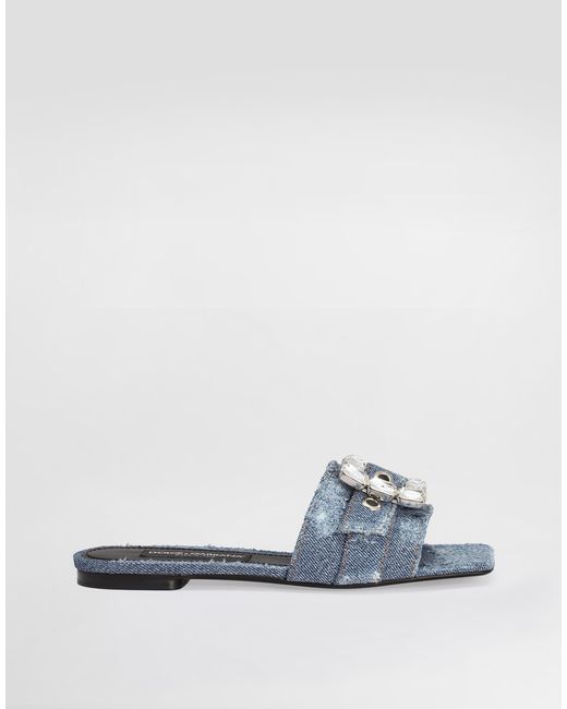 Dolce & Gabbana White Patchwork Denim Slides With Rhinestone Buckle