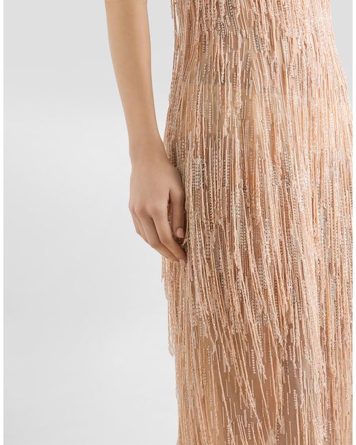 Dolce & Gabbana Natural Calf-Length Dress With Sequined Fringe Embellishment