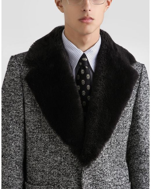 Dolce & Gabbana Black Single-Breasted Dotted Wool Jacket With Fur Collar for men