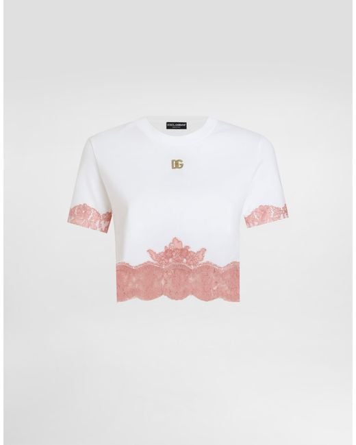 Dolce & Gabbana Pink Cropped Jersey T-Shirt With Dg Logo And Lace Inserts
