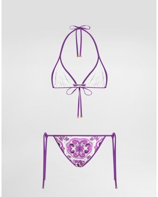 Bikini A Triangolo Stampa Maiolica di Dolce & Gabbana in Purple