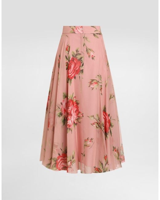 Dolce & Gabbana Pink Rose Bouquet-Print Chiffon Circle Skirt