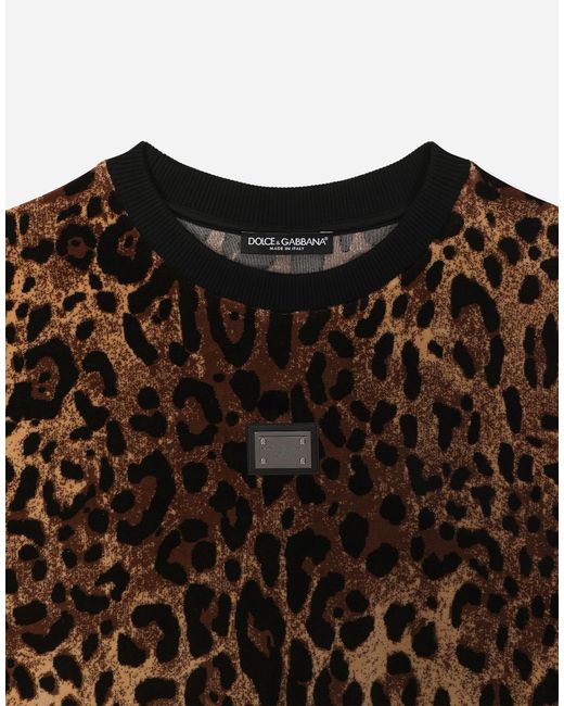 Dolce & Gabbana Black Round-Neck Chenille Sweatshirt With Jacquard Leopard Design