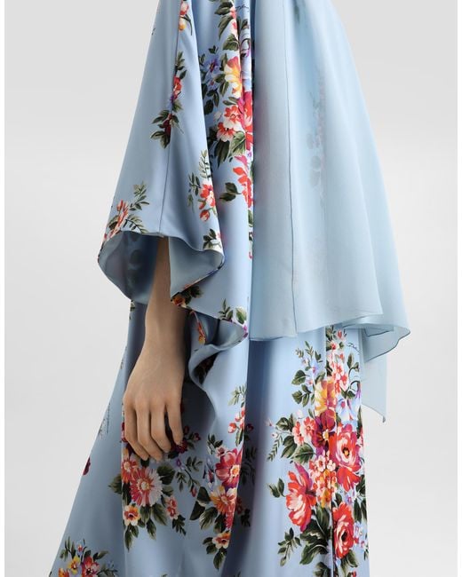 Dolce & Gabbana Blue Flower Bouquet-Print Long Charmeuse Dress