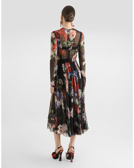 Dolce & Gabbana Multicolor Floral- Chiffon Calf-Length Dress With Circle Skirt
