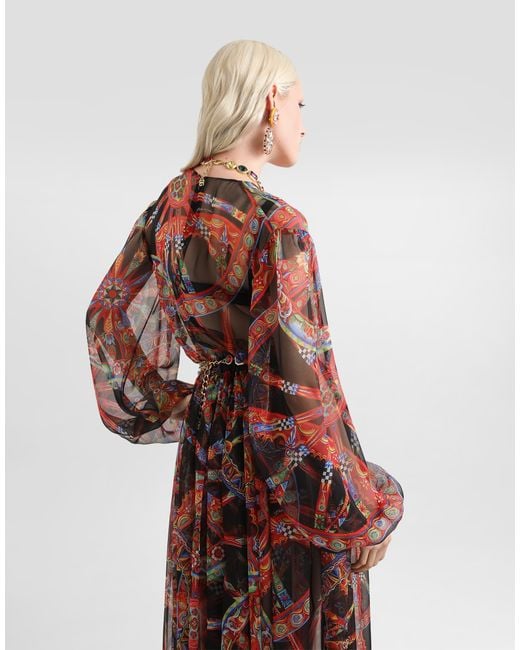 Dolce & Gabbana Red Carretto-Print Chiffon Long Dress