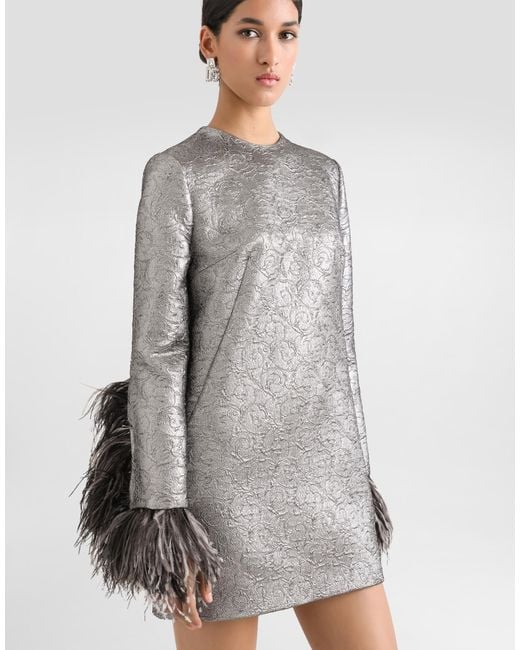 Dolce & Gabbana Gray Quilted Lamé Jacquard Sack Minidress With Feathered Cuffs