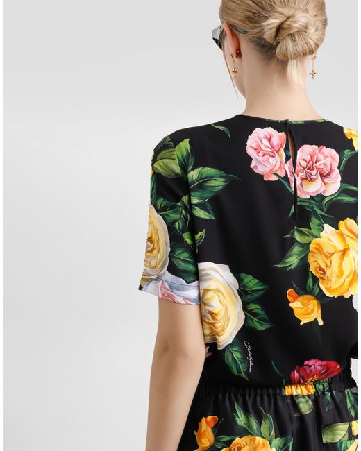 Dolce & Gabbana Multicolor Silk Charmeuse Blouse With Peony And Rose