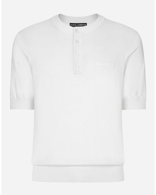 Dolce & Gabbana White Silk Granddad-Neck Sweater With Logo Embroidery for men