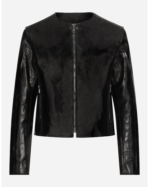Dolce & Gabbana Black Collarless Leather Jacket for men