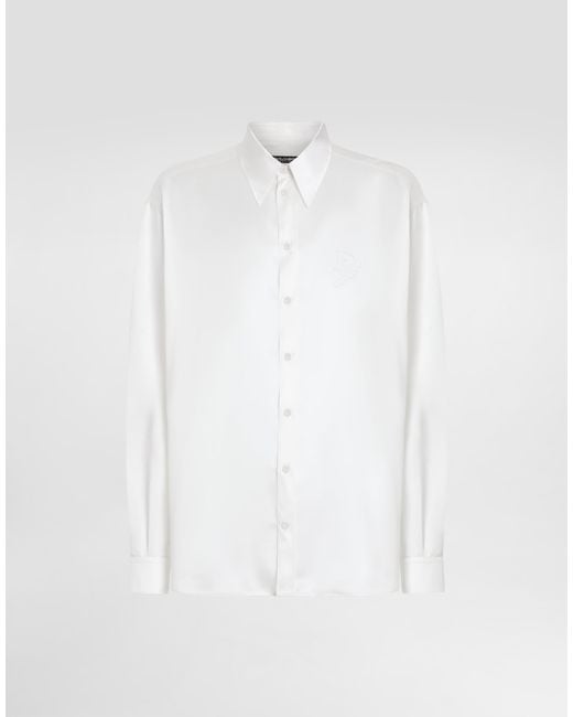 Dolce & Gabbana White Silk Shirt With Logo Embroidery for men