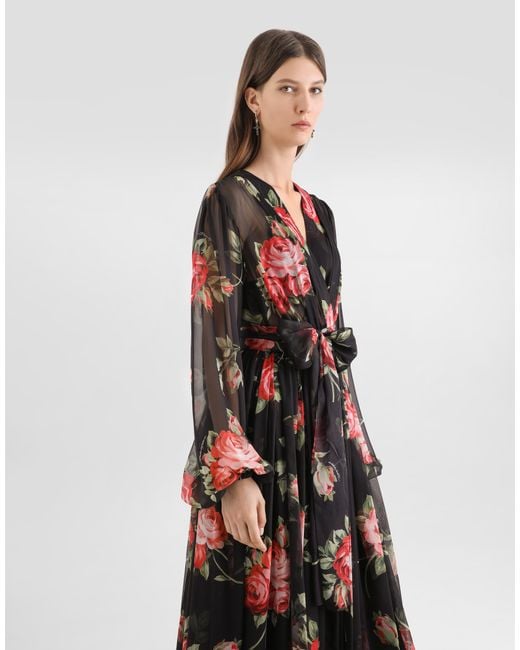 Dolce & Gabbana White Rose Bouquet-Print Chiffon Dress
