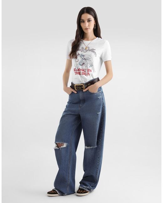 Dolce & Gabbana White Jersey T-Shirt With Print And Embroidery