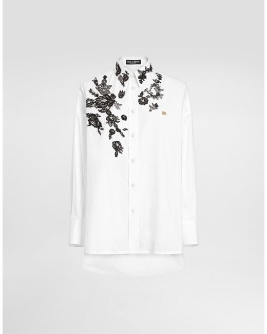 Dolce & Gabbana White Oversize Cotton Poplin Shirt With Lace Appliqués