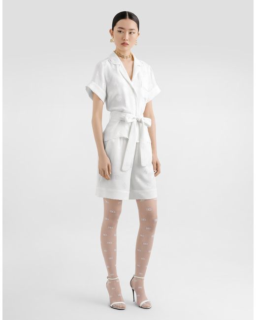 Dolce & Gabbana White Short-Sleeved Silk Satin Jacquard Pajama Shirt With Dg Logo