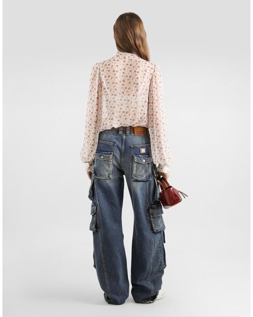 Dolce & Gabbana White Small Rose-Print Chiffon Top