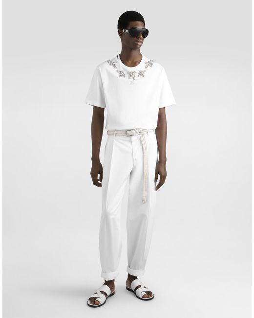 Dolce & Gabbana White Cotton T-Shirt With Embroidery And Brooch for men