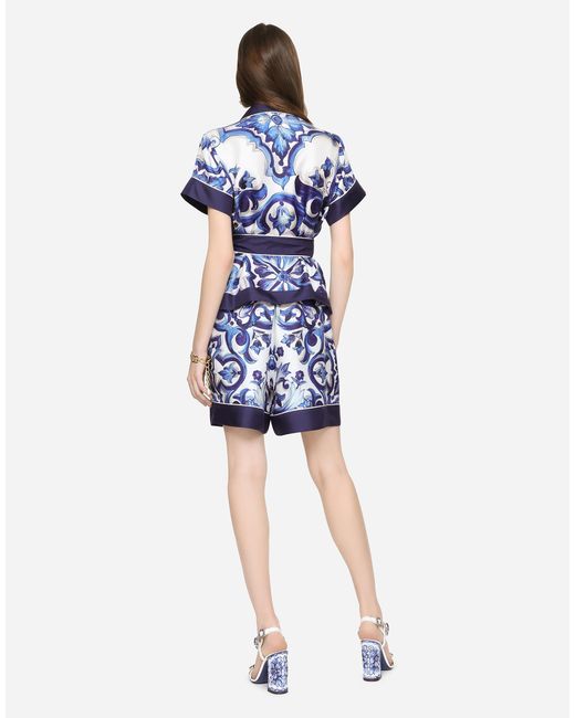 Dolce & Gabbana Blue Pyjamashorts Aus Twill Majolika-Print