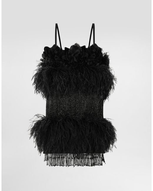 Dolce & Gabbana Black Satin Dress With Feathers
