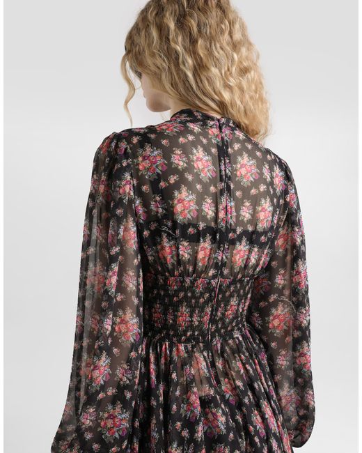 Dolce & Gabbana White Small Flower Bouquets-Print Chiffon Dress
