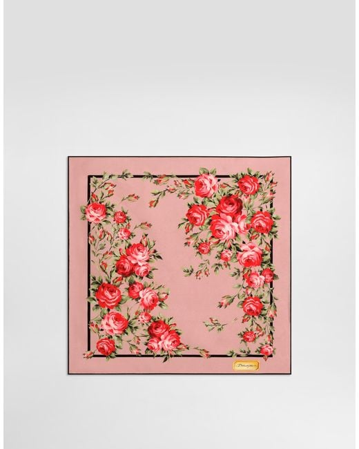 Dolce & Gabbana Pink Rose Bouquet-Print Silk Twill Scarf 50X50