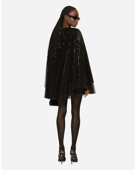 Dolce & Gabbana ショートプリーツドレス スパンコールワイドスリーブ Black