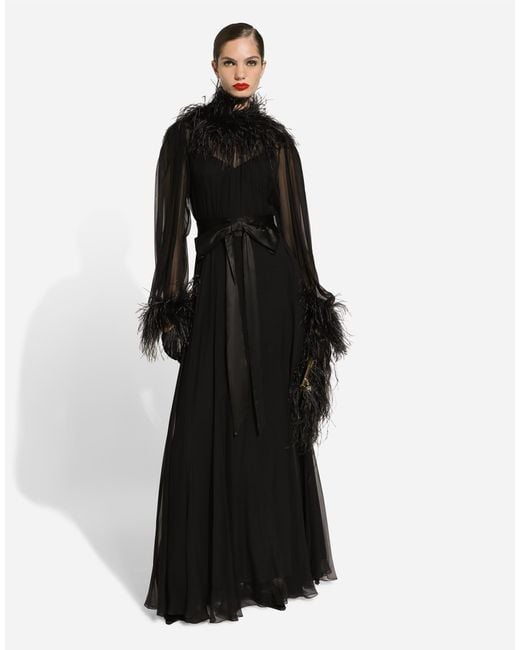 Dolce & Gabbana Black Long Silk Chiffon Dress With Ostrich Feather Details