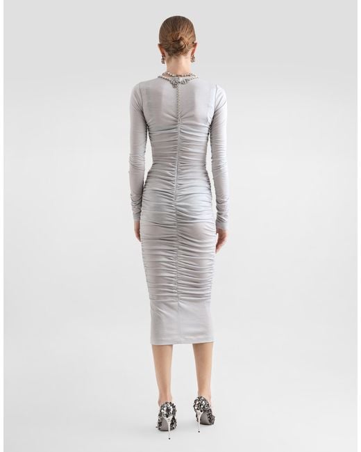 Dolce & Gabbana Gray Draped Wool Jersey Calf-Length Dress
