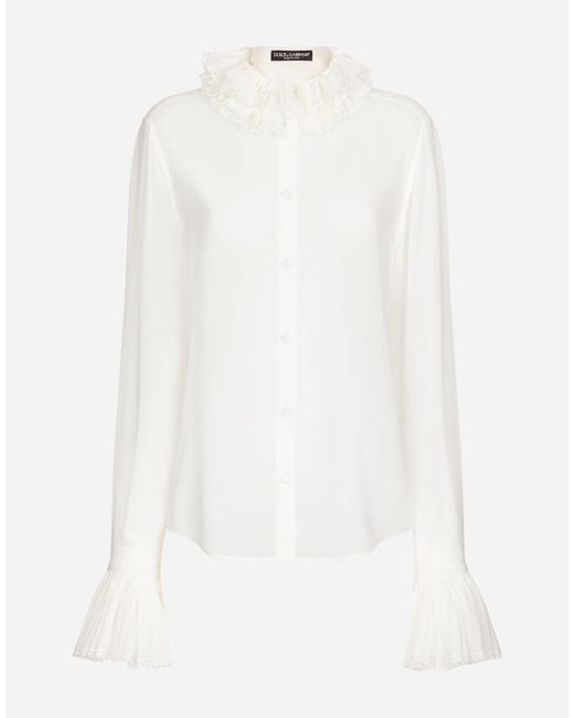 Dolce & Gabbana White Bluse Aus Georgette Mit Plissierten Details An Kragen Und Ärmelabschluss