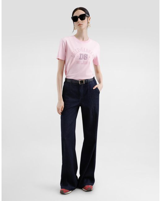 Dolce & Gabbana Pink Oversize Jersey T-Shirt With Raised Dg Logo Embroidery