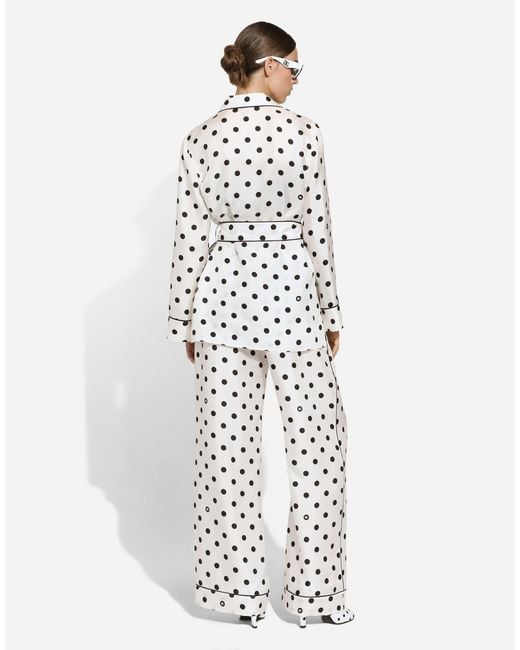 Dolce & Gabbana White Long-Sleeved Silk Pajama Shirt With Polka-Dot
