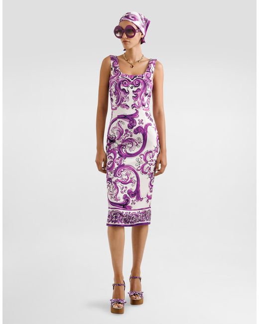 Dolce & Gabbana Purple Majolica-Print Long Charmeuse Dress