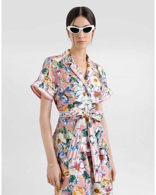 Dolce & Gabbana White Pyjamabluse Aus Twill Blumenprint