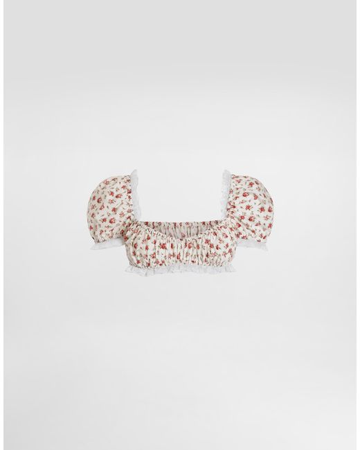 Dolce & Gabbana White Small Rose-Print Poplin Top