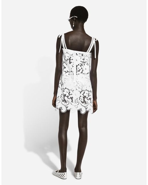 Dolce & Gabbana White Cotton Minidress With Floral Openwork Embroidery