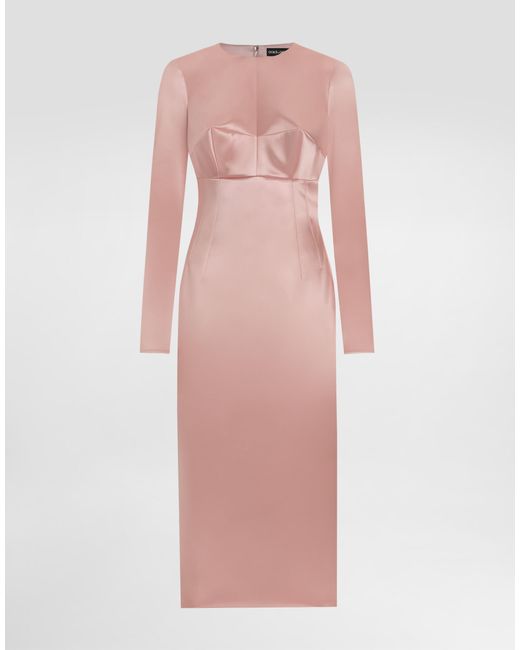 Dolce & Gabbana Pink Stretch Satin Round-Neck Calf-Length Dress