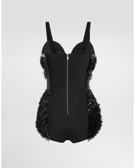 Dolce & Gabbana Black Bestickter Body Mit Pailletten Und Kleinen Perlen