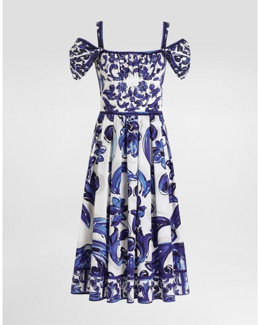 Dolce & Gabbana Blue Dg Exclusive Kurzes Kleid Aus Popeline Mit Majolika-Print