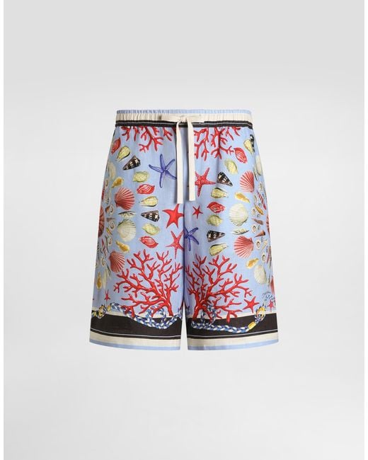 Dolce & Gabbana White Shell-Print Linen Canvas Trousers for men
