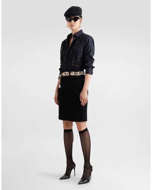Dolce & Gabbana Black Bluse Aus Baumwollpopeline Mit Spitzeneinsatz