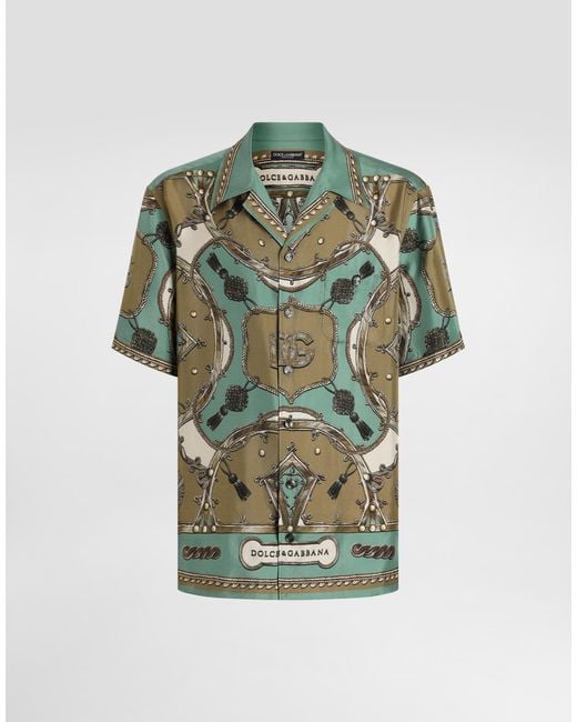 Dolce & Gabbana Green Cargo-Print Hawaii Washed Silk Twill Shirt for men