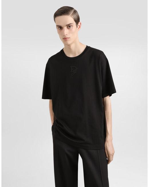 Dolce & Gabbana Black Cotton T-Shirt With Logo Embroidery for men