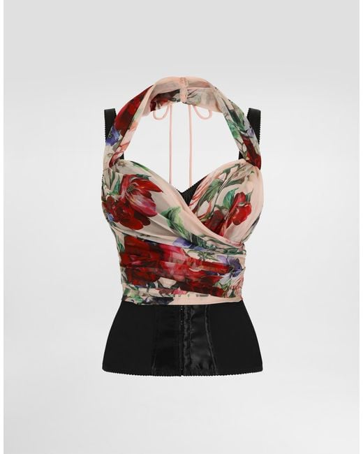 Dolce & Gabbana Red Marquisette And Chiffon Corset Top With Floral