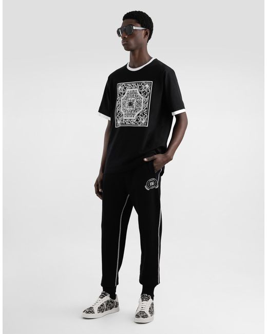Dolce & Gabbana Black Cotton T-Shirt With Print And Embroidery for men
